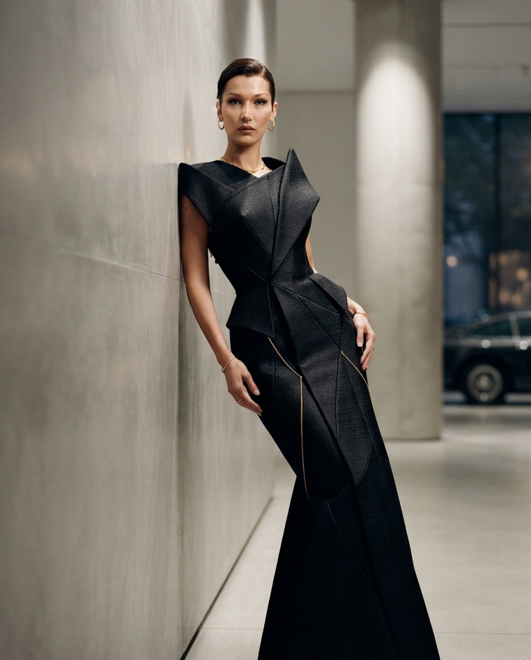 An architectural masterpiece. Crafted from premium silk-crepe, this obsidian-black gown defines modern elegance with its structured silhouette. Minimalist, bold, and timeless.
