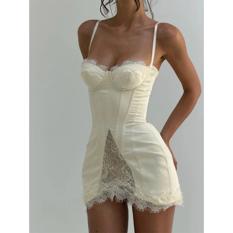 Sexy Lace Trim Satin Short Dress Women Solid Square Neck Sleeveless Waist Cinching Split Mini Dresses Summer Lady Party Robes