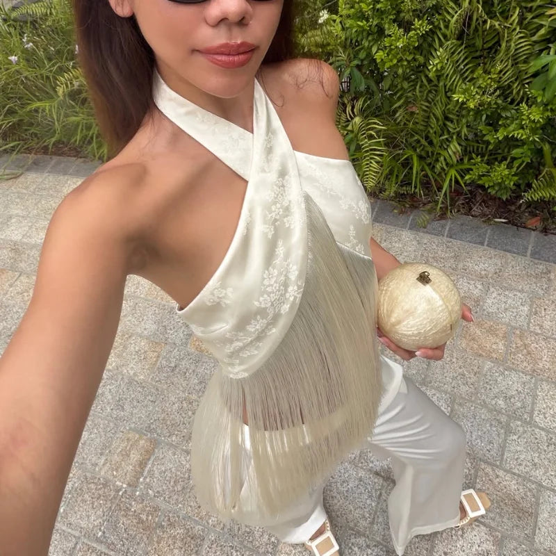 Solid Satin Women Fringe Top Cross Halter Neck Sleeveless Off Shoulder Backless Fashion Crop Tank Tops 2026 Summer Chic Outfits