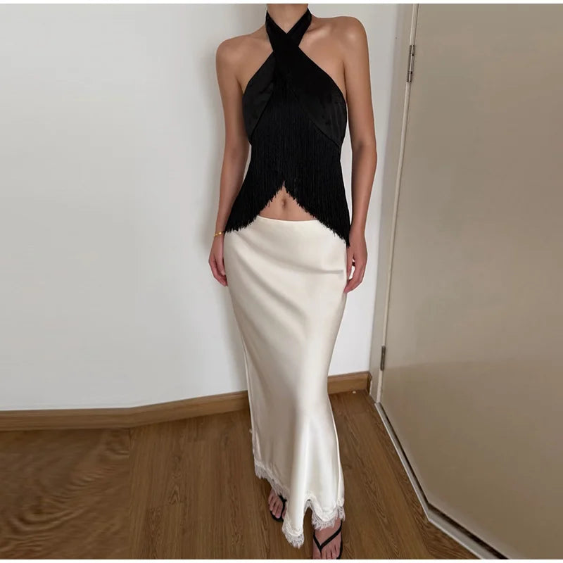 Solid Satin Women Fringe Top Cross Halter Neck Sleeveless Off Shoulder Backless Fashion Crop Tank Tops 2026 Summer Chic Outfits