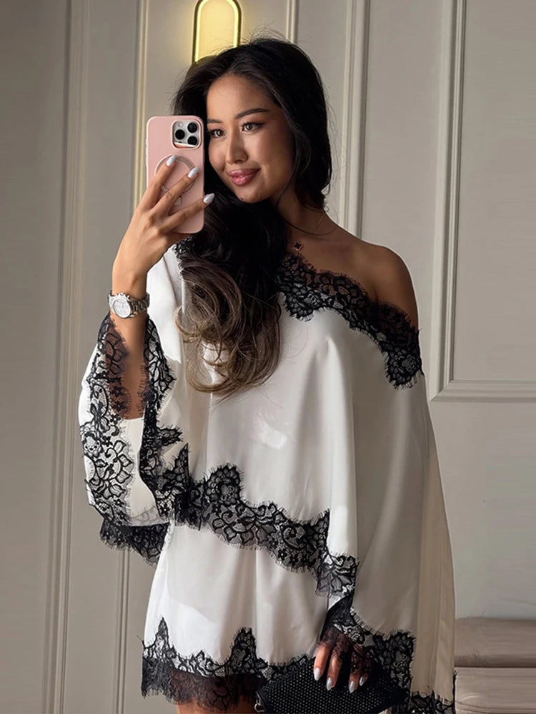 Elegant Lace Patchwork Women's Shirt Skirts Suit Long Sleeve  Off Shoulder Loose Lady Set 2026 Summer Autumn Chic Female Outfits