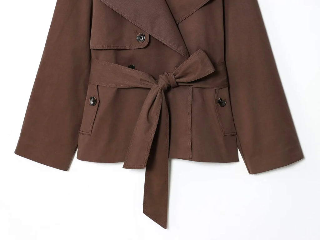 Women Lapel Lace Up Short Trench Coat Casual Full Sleeve Double Breasted Loose Cropped Windbreakers 2026 New Lady Commute Coats