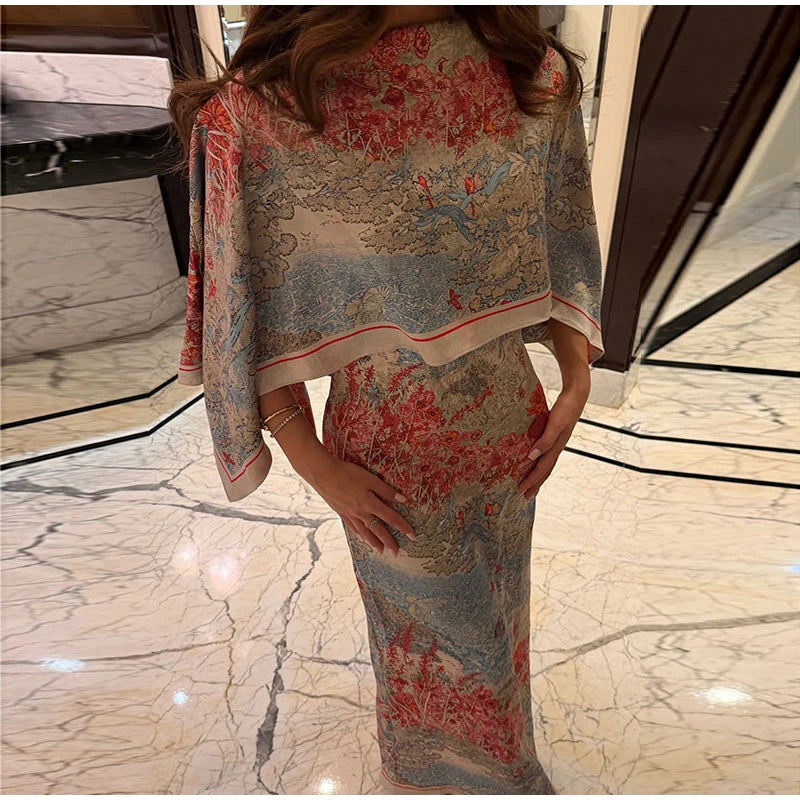 Women Tropical Leaf Print Cape Two Piece Set Batwing Loose Top High Waist Maxi Dress 2026 Summer Fashion Vacation Casual Suit
