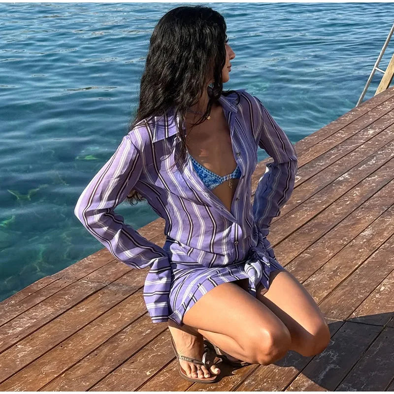 Stripe Wrap Tie Shirt Mini Dress Lapel Collar Long Flare Sleeve Loose Casual Dresses 2026 Summer Beach Vacation Fashion Outfit