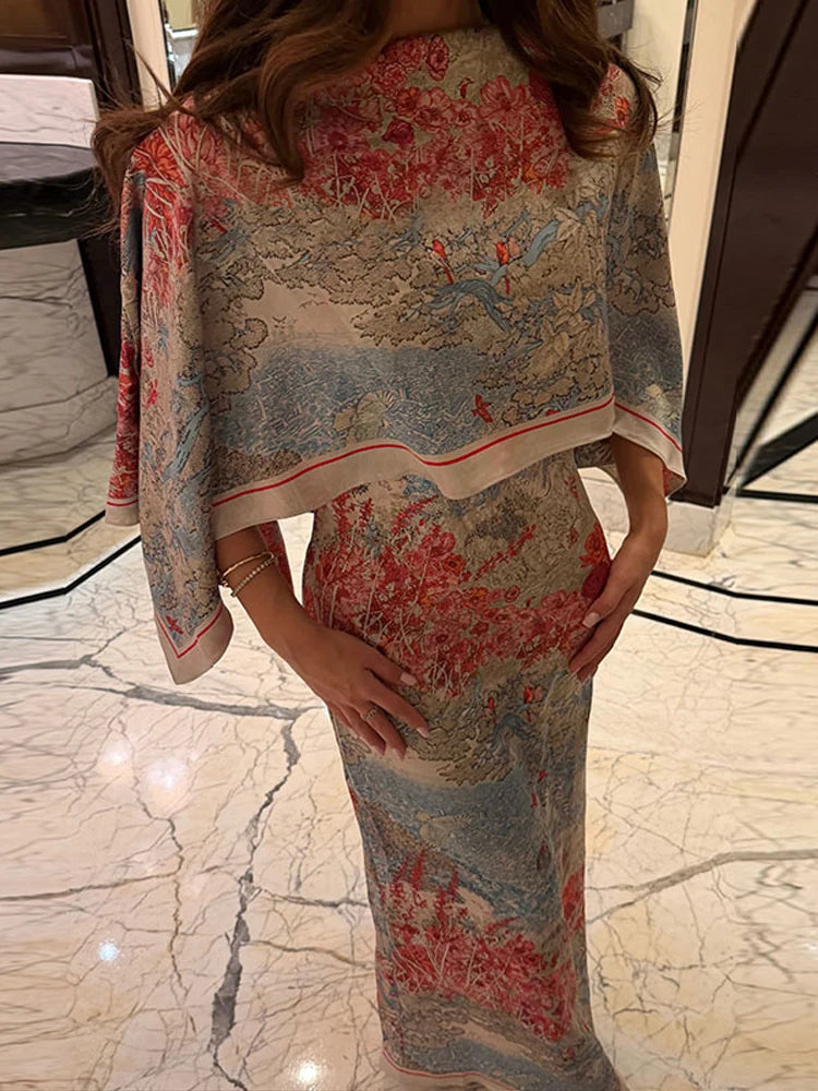 Women Tropical Leaf Print Cape Two Piece Set Batwing Loose Top High Waist Maxi Dress 2026 Summer Fashion Vacation Casual Suit