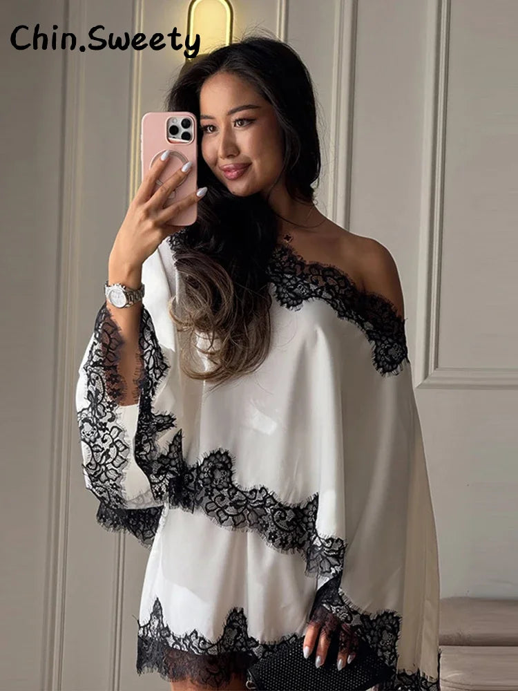 Elegant Women's Satin Lace Patchwork Top Skirt Set Loose Sloping Shoulder Full Sleeve Top Mini Skirts 2026 Summer Lady Suit