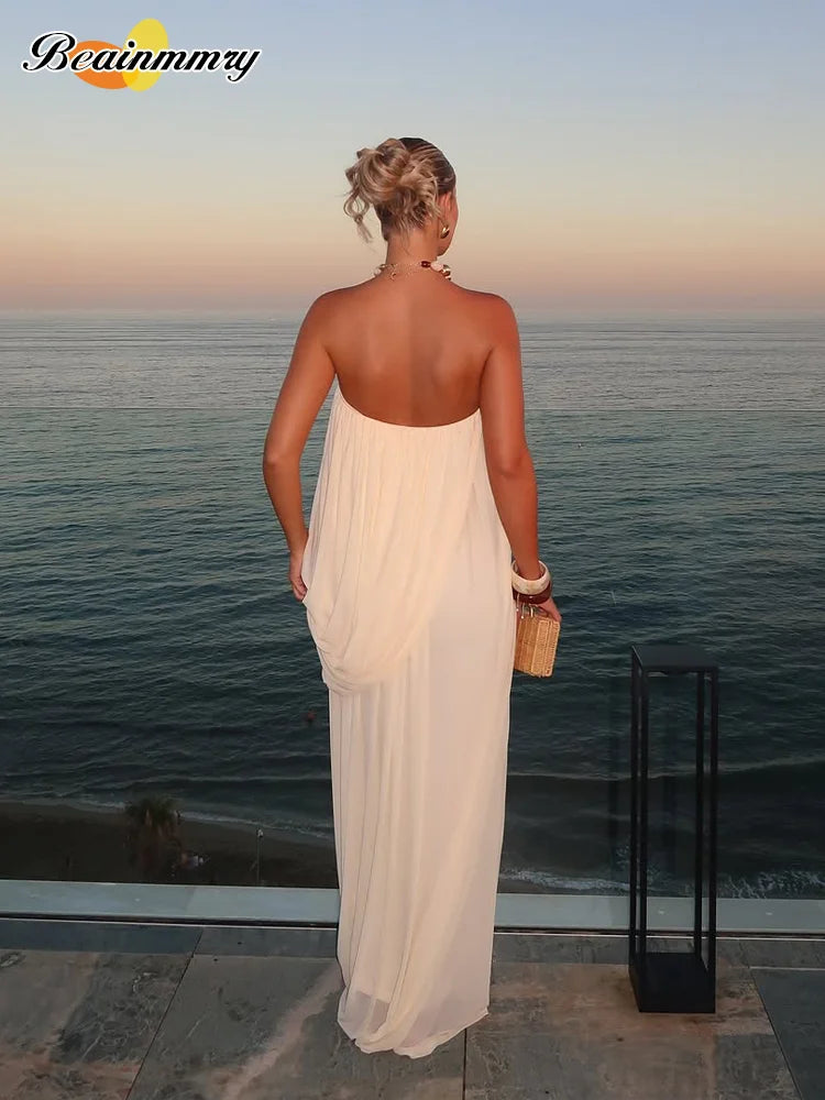 Sexy Pleated Strapless Maxi Dress Women Chic Solid Sleeveless Backless Loose Long Dresses 2026 Summer Lady Vacation Beach Outfit