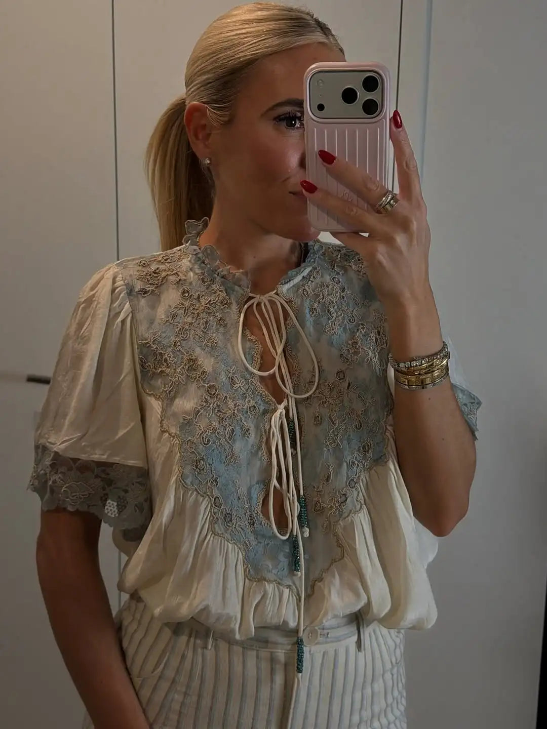 Floral Stamp Lace Patchwork Blouse Ruffle Neck Tie Front Puff Short Sleeve Loose Boho Shirt Women's Casual Vacation Top 2026 New