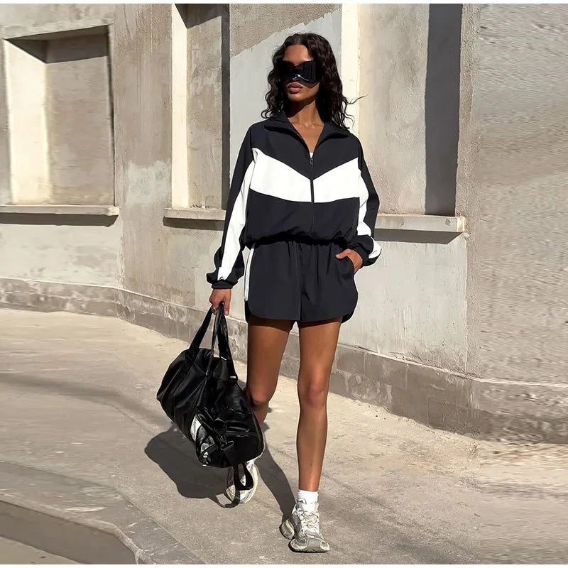 Fashion Color Block 2 Piece Tracksuit Women's Stand Collar Zip Lightweight Jacket Loose Mini Shorts 2026 New Lady Casual Outfit