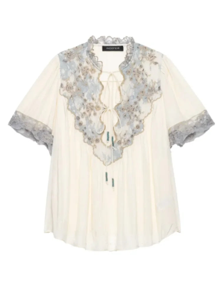 Floral Stamp Lace Patchwork Blouse Ruffle Neck Tie Front Puff Short Sleeve Loose Boho Shirt Women's Casual Vacation Top 2026 New