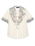 Floral Stamp Lace Patchwork Blouse Ruffle Neck Tie Front Puff Short Sleeve Loose Boho Shirt Women's Casual Vacation Top 2026 New
