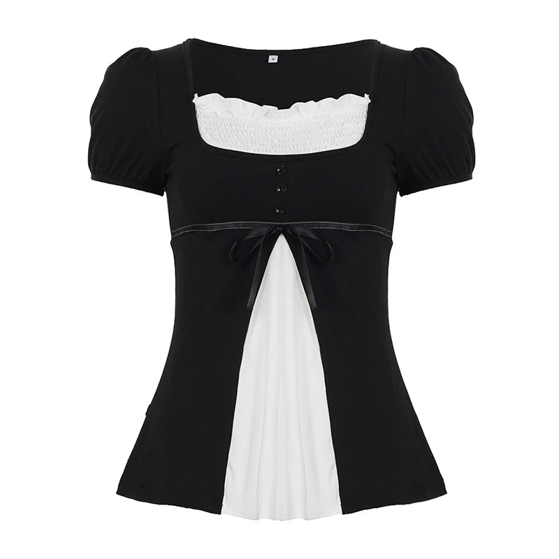 [RUOKE] Casual Y2K Contrast Color Top Women Spring Summer Square Neck Puff Sleeve Bow Slim A-line Babydoll Blouse Sweet Coquette