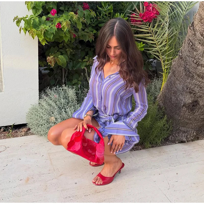 Stripe Wrap Tie Shirt Mini Dress Lapel Collar Long Flare Sleeve Loose Casual Dresses 2026 Summer Beach Vacation Fashion Outfit