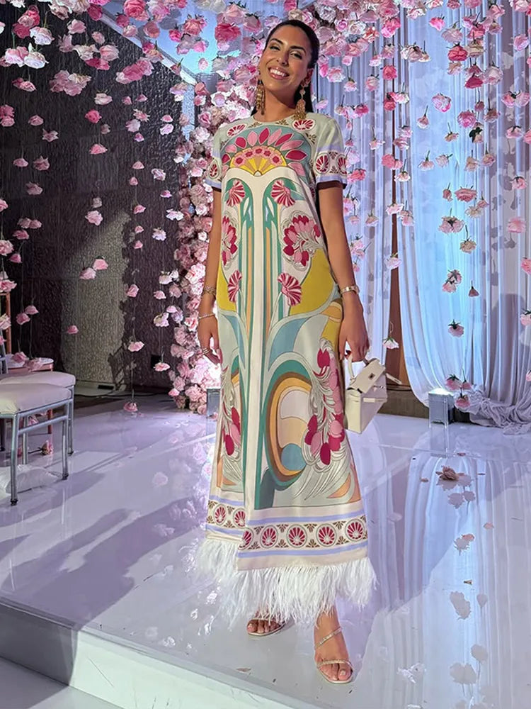 Chic Printed Women's Dress O-Neck Short Sleeve Loose Feather Patchwork Women'S Long Dresses 2026 Summer Female Vacation Robe