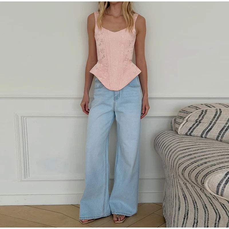 Women Top Floral Printed Spaghetti Strap Corset Top U-Neck Fishbone Boned Cinched Waist Irregular Hem Retro Vacation Camisole