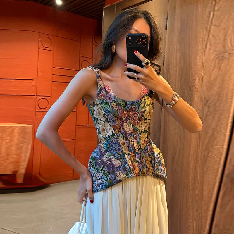Women Top Floral Printed Spaghetti Strap Corset Top U-Neck Fishbone Boned Cinched Waist Irregular Hem Retro Vacation Camisole
