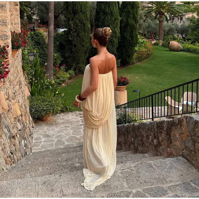 Sexy Pleated Strapless Maxi Dress Women Chic Solid Sleeveless Backless Loose Long Dresses 2026 Summer Lady Vacation Beach Outfit
