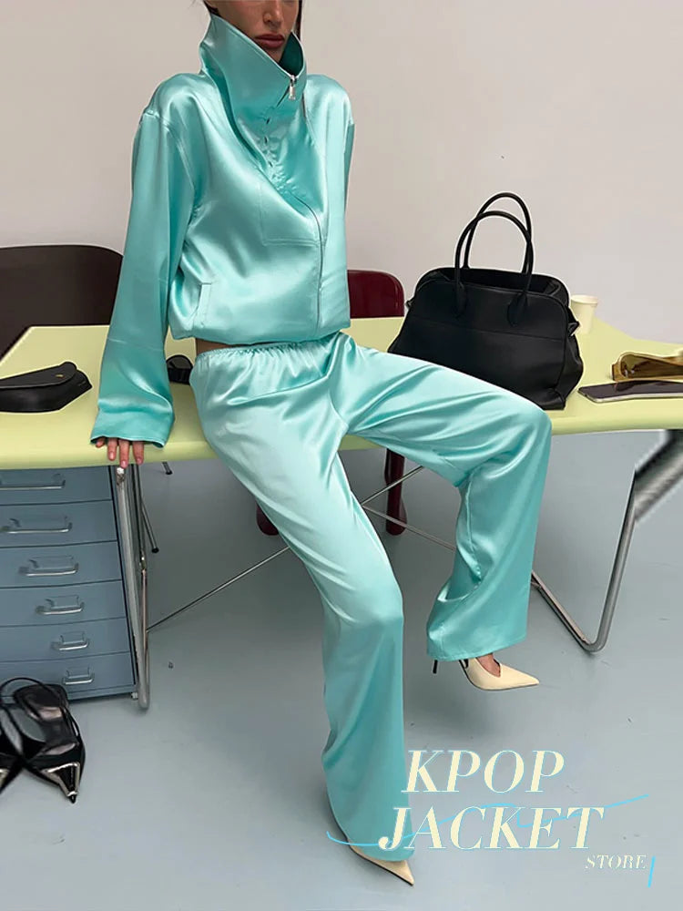Women Satin Stand Collar Loose Jacket 2 Piece Set Long Sleeve Zip Coat Elastic Waist Pants Matching Co Ord 2026 Casual Outfits