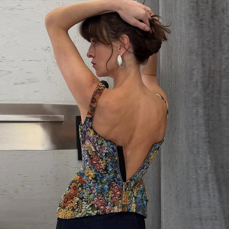 Women Top Floral Printed Spaghetti Strap Corset Top U-Neck Fishbone Boned Cinched Waist Irregular Hem Retro Vacation Camisole