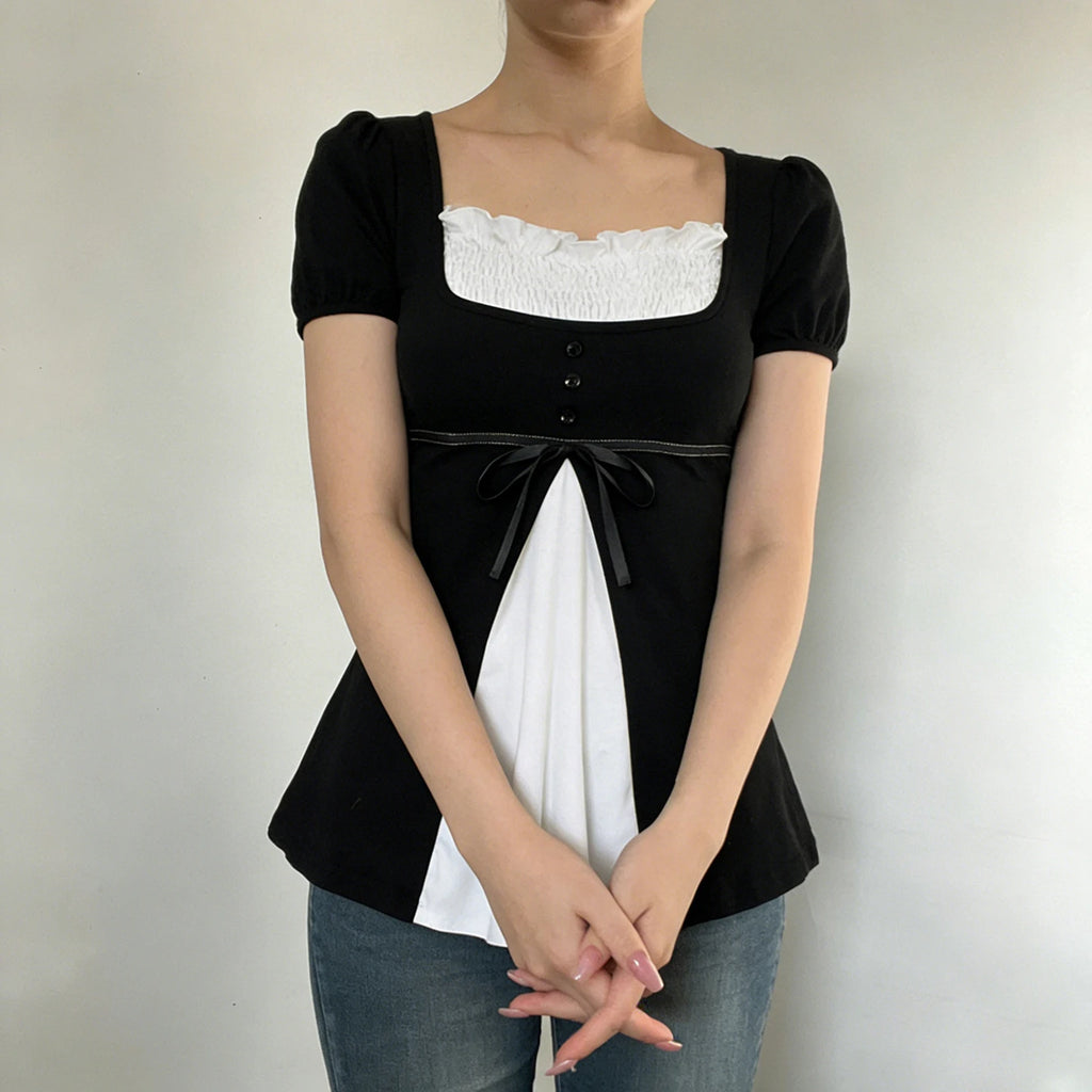 [RUOKE] Casual Y2K Contrast Color Top Women Spring Summer Square Neck Puff Sleeve Bow Slim A-line Babydoll Blouse Sweet Coquette