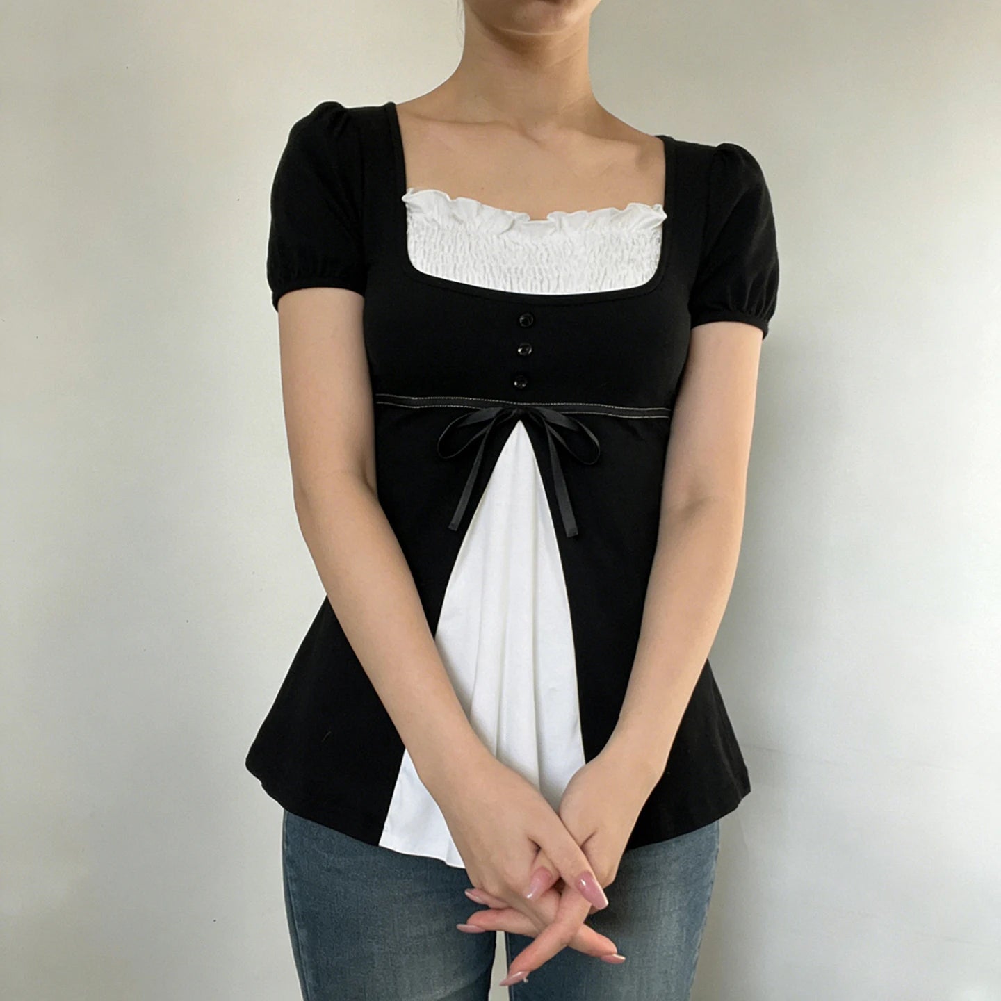 [RUOKE] Casual Y2K Contrast Color Top Women Spring Summer Square Neck Puff Sleeve Bow Slim A-line Babydoll Blouse Sweet Coquette