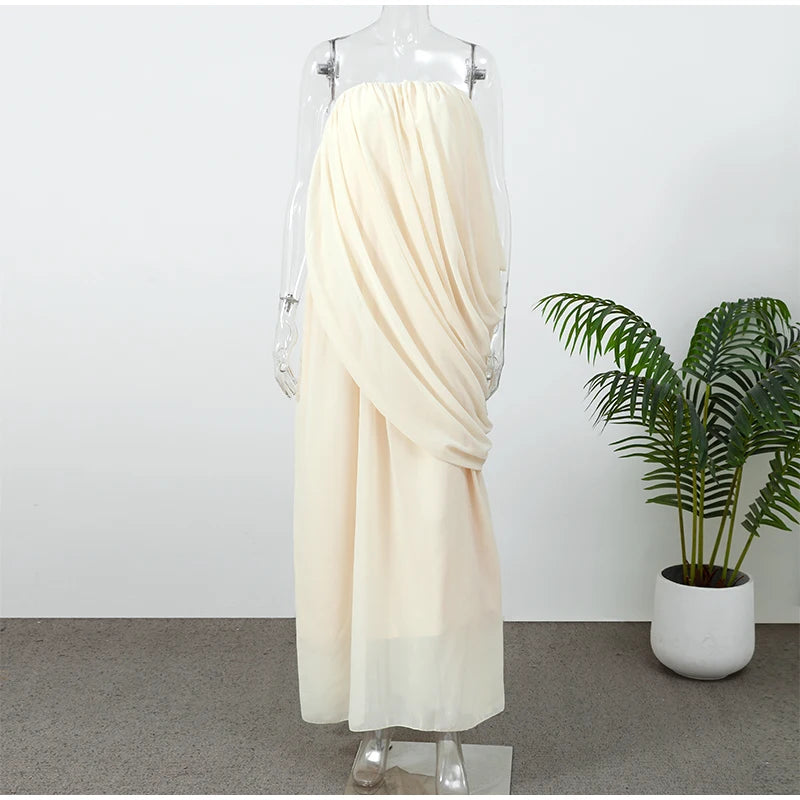 Sexy Pleated Strapless Maxi Dress Women Chic Solid Sleeveless Backless Loose Long Dresses 2026 Summer Lady Vacation Beach Outfit