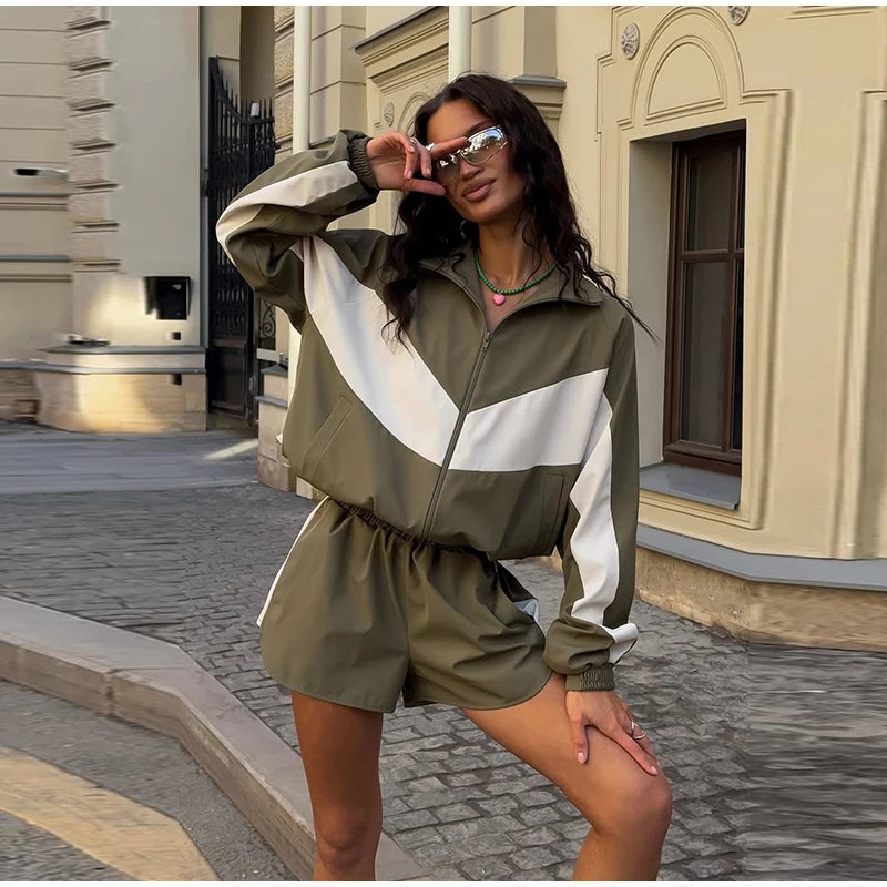 Fashion Color Block 2 Piece Tracksuit Women's Stand Collar Zip Lightweight Jacket Loose Mini Shorts 2026 New Lady Casual Outfit