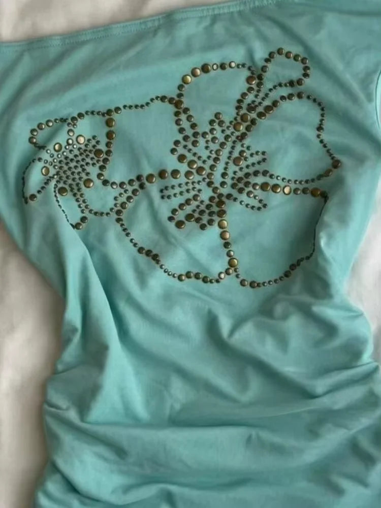 Y2k Clothes T Shirt Women Green Beading Flowers Vintage Sexy Cropped Tops Street Fashion tees Skew Collar Slim Fit Ropa De Mujer