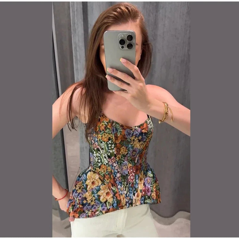 Sexy Print Flower Slim Sling Top Women Sleeveless Slip Backless Closed Waist Vest Female 2026 Fashion Summer Autumn Tops Lady