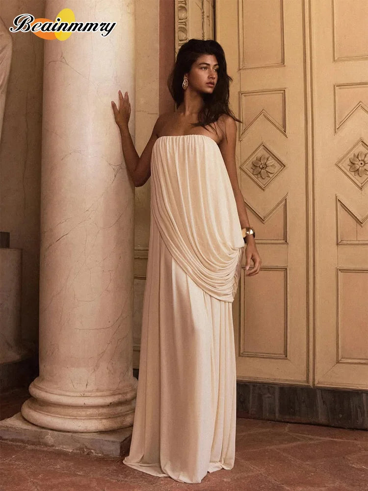 Sexy Pleated Strapless Maxi Dress Women Chic Solid Sleeveless Backless Loose Long Dresses 2026 Summer Lady Vacation Beach Outfit