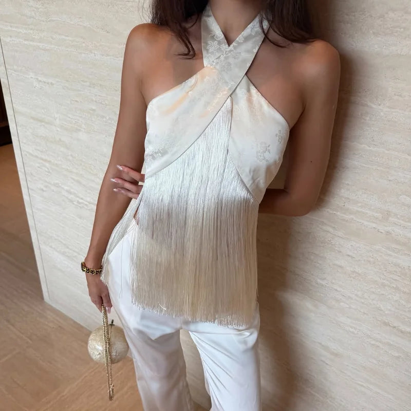 Solid Satin Women Fringe Top Cross Halter Neck Sleeveless Off Shoulder Backless Fashion Crop Tank Tops 2026 Summer Chic Outfits