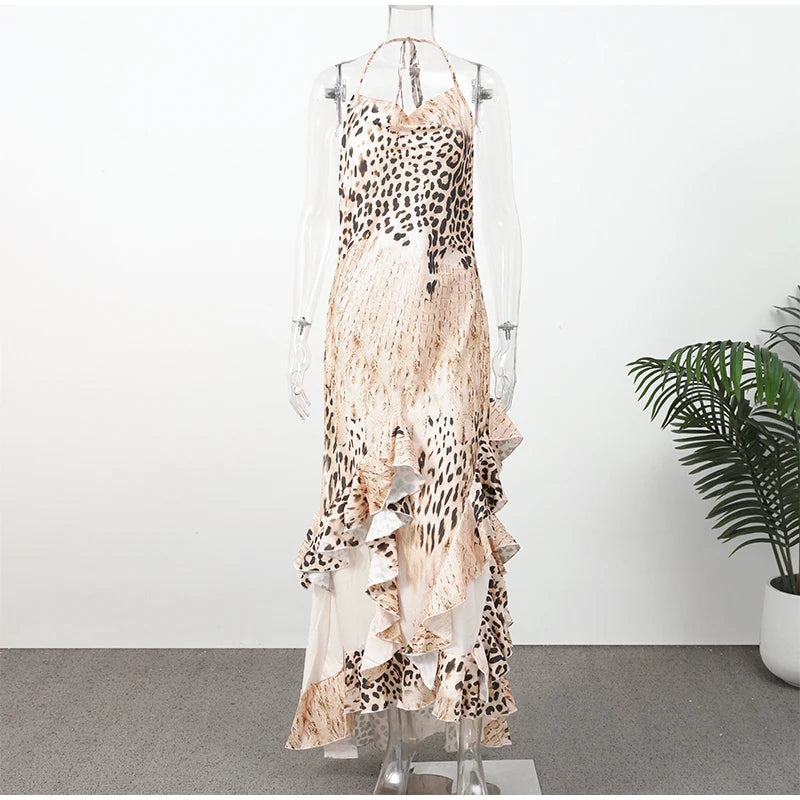 Women's Leopard Print Long Maxi Dress Halter Neck Plunge Front Tiered Ruffle Mermaid Skirt Elegant Party Cocktail Daily Gowns