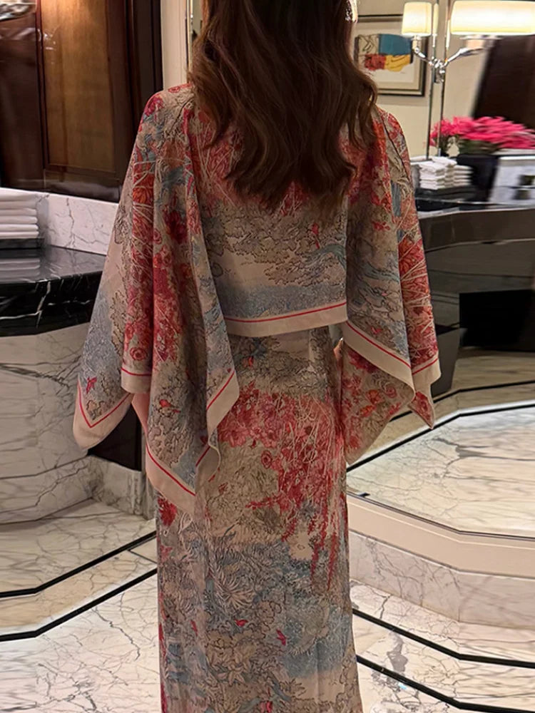 Women Tropical Leaf Print Cape Two Piece Set Batwing Loose Top High Waist Maxi Dress 2026 Summer Fashion Vacation Casual Suit