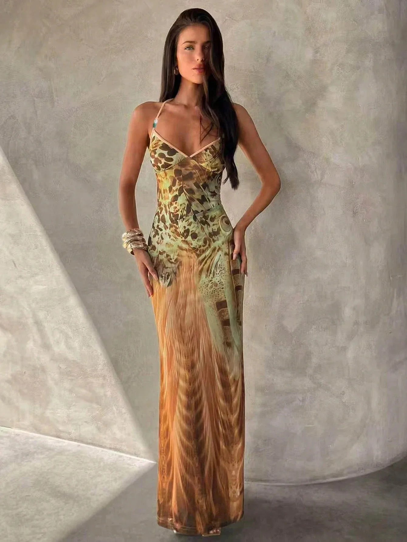Women's Leopard Print Long Maxi Dress Halter Neck Plunge Front Tiered Ruffle Mermaid Skirt Elegant Party Cocktail Daily Gowns