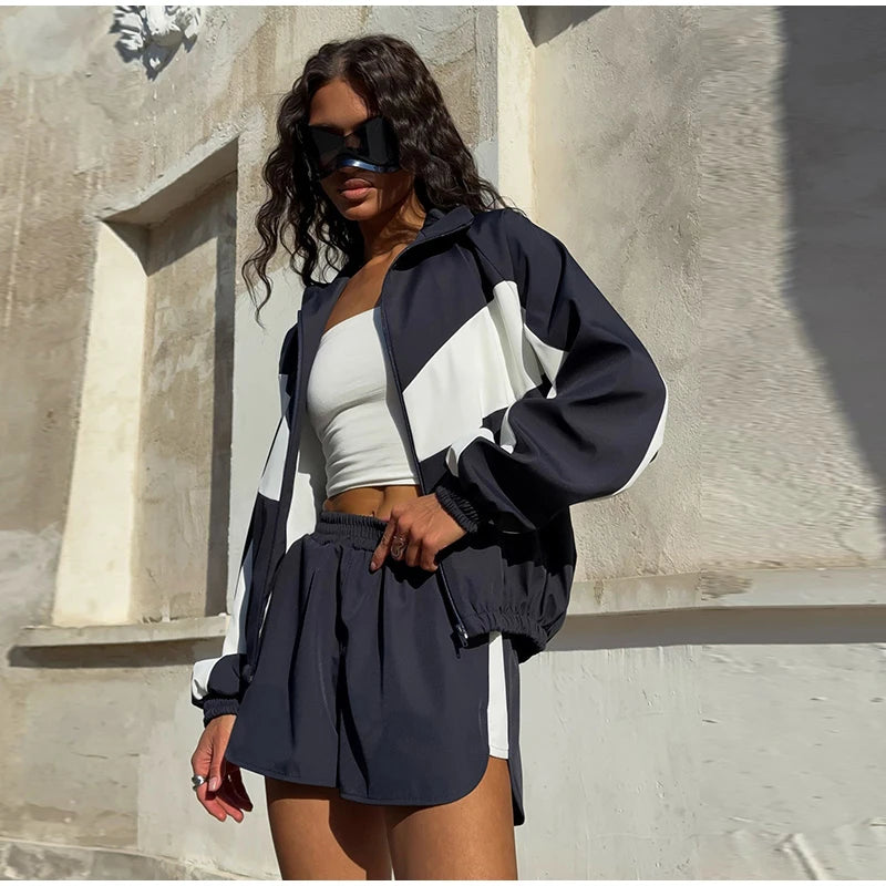 Fashion Color Block 2 Piece Tracksuit Women's Stand Collar Zip Lightweight Jacket Loose Mini Shorts 2026 New Lady Casual Outfit