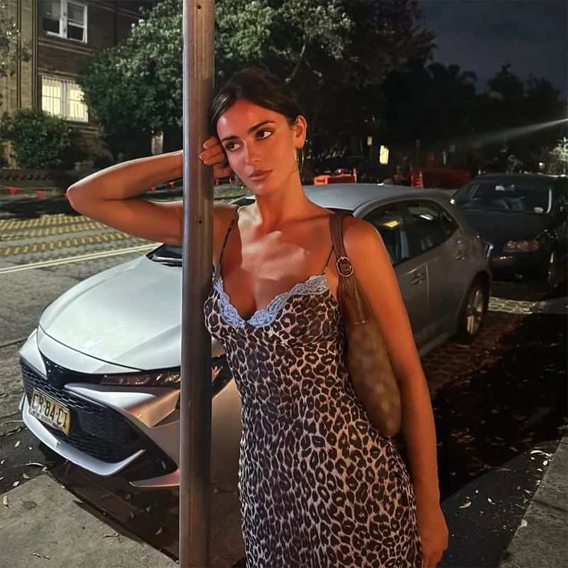 Women's Leopard Print Long Maxi Dress Halter Neck Plunge Front Tiered Ruffle Mermaid Skirt Elegant Party Cocktail Daily Gowns