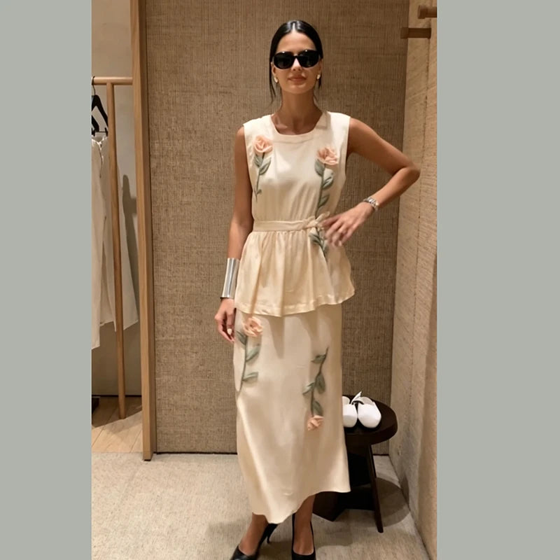 3D floral Embroidered women's midi dress square neck sleeveless pleated Peplum satin vestidos 2026 new early autumn lady dresses