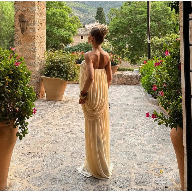 Sexy Pleated Strapless Maxi Dress Women Chic Solid Sleeveless Backless Loose Long Dresses 2026 Summer Lady Vacation Beach Outfit