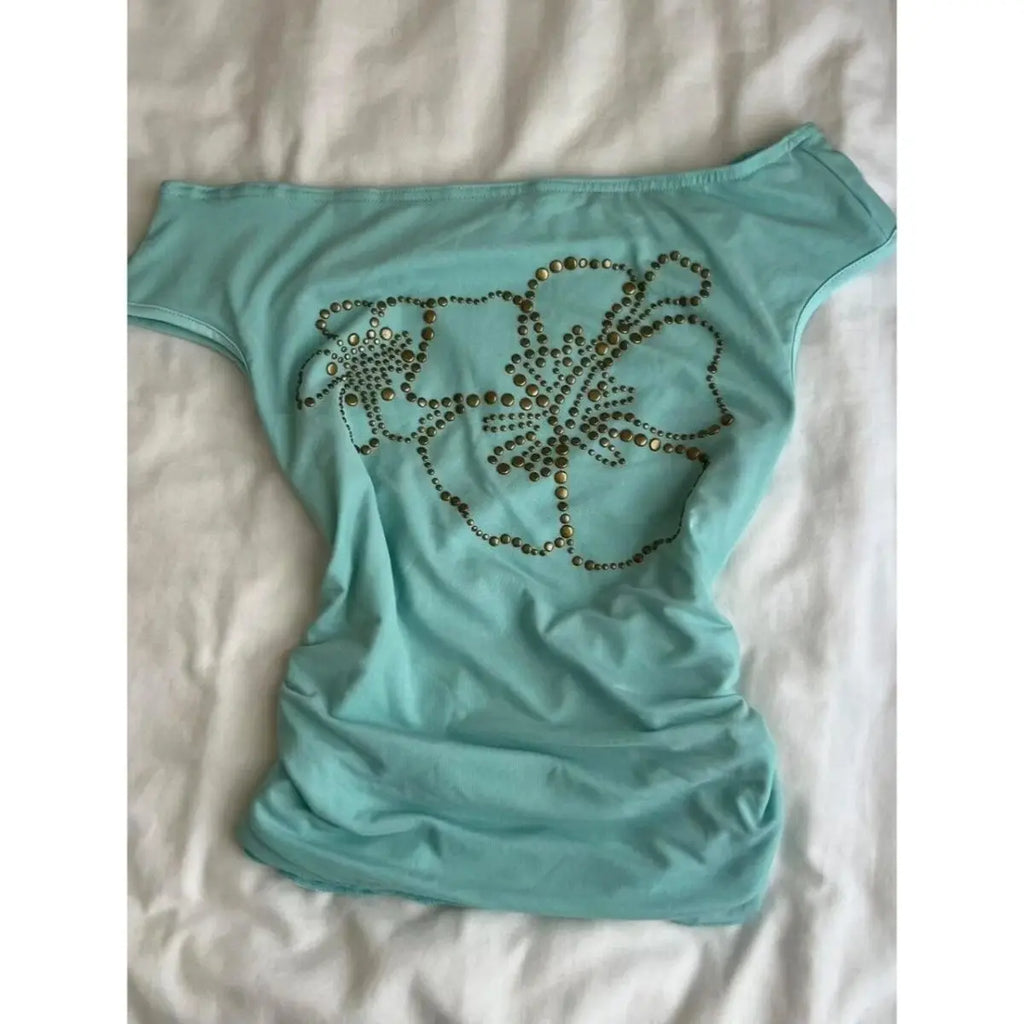 Y2k Clothes T Shirt Women Green Beading Flowers Vintage Sexy Cropped Tops Street Fashion tees Skew Collar Slim Fit Ropa De Mujer