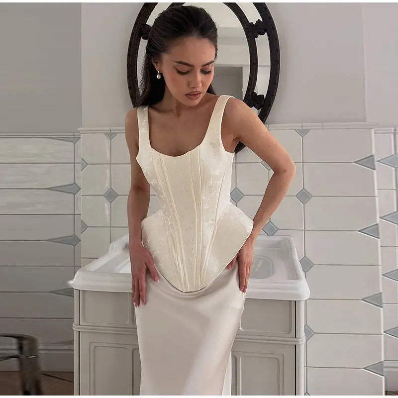 Women Top Floral Printed Spaghetti Strap Corset Top U-Neck Fishbone Boned Cinched Waist Irregular Hem Retro Vacation Camisole