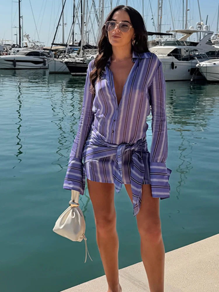 Stripe Wrap Tie Shirt Mini Dress Lapel Collar Long Flare Sleeve Loose Casual Dresses 2026 Summer Beach Vacation Fashion Outfit