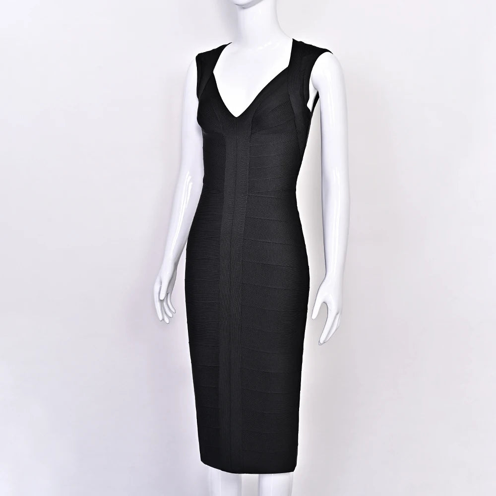 BEAUKEY Luxury Sexy Plunge V Bandage Long Dress Women Striped  Bodyocn  Party Celebrity Evening Dress Elastic Knitted Vestidos