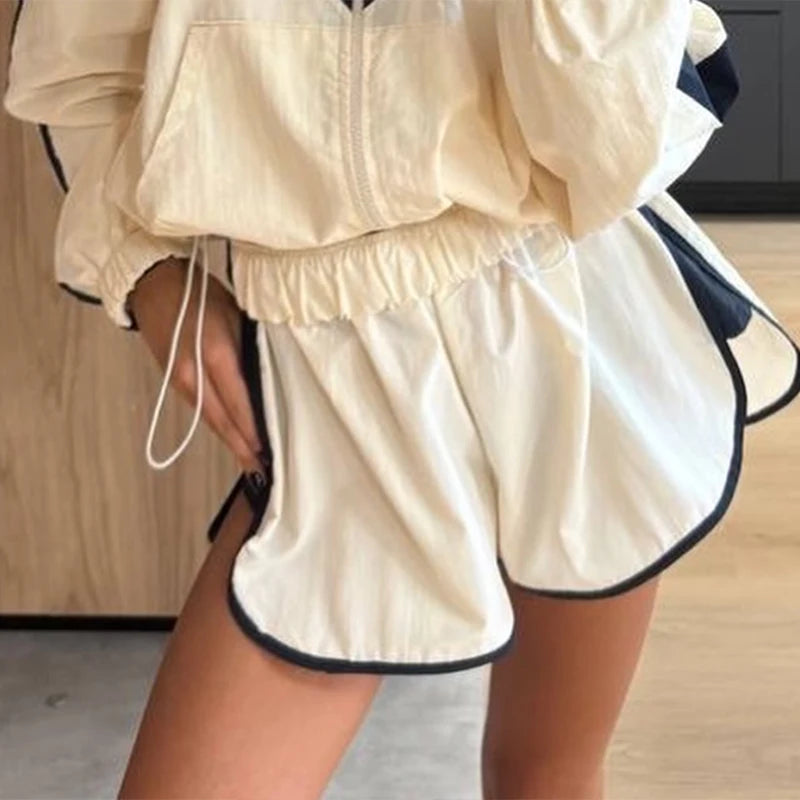 Fashion Color Block 2 Piece Tracksuit Women's Stand Collar Zip Lightweight Jacket Loose Mini Shorts 2026 New Lady Casual Outfit
