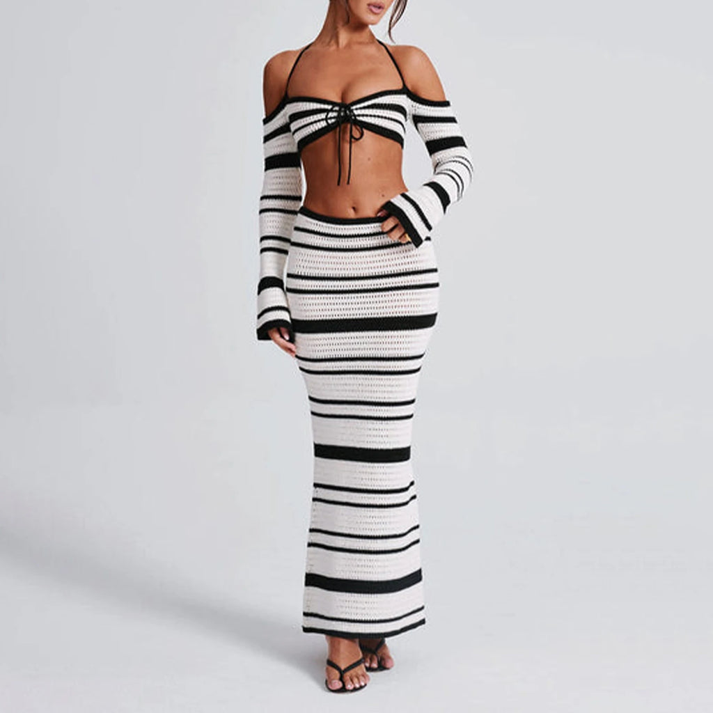 hirigin Knit Stripe Women 2 Piece Set Halter Slash Neck Lace Up Long Sleeve Tops and Maxi Skirts Sexy Mujer Club Midnight Suit