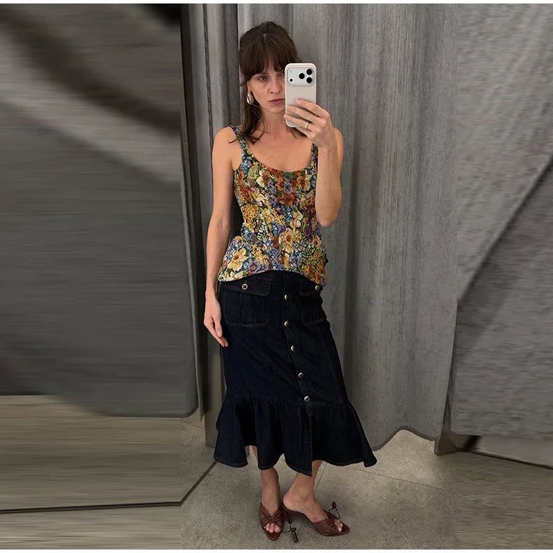 Sexy Print Flower Slim Sling Top Women Sleeveless Slip Backless Closed Waist Vest Female 2026 Fashion Summer Autumn Tops Lady