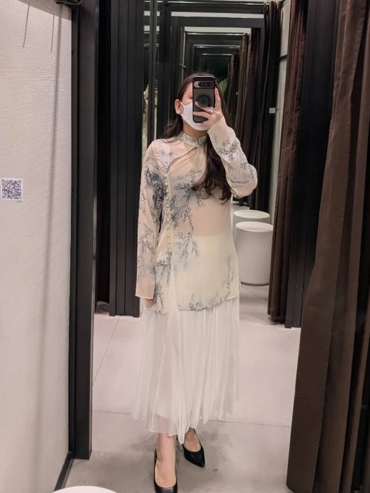 Floral Stamp Lace Patchwork Blouse Ruffle Neck Tie Front Puff Short Sleeve Loose Boho Shirt Women's Casual Vacation Top 2026 New