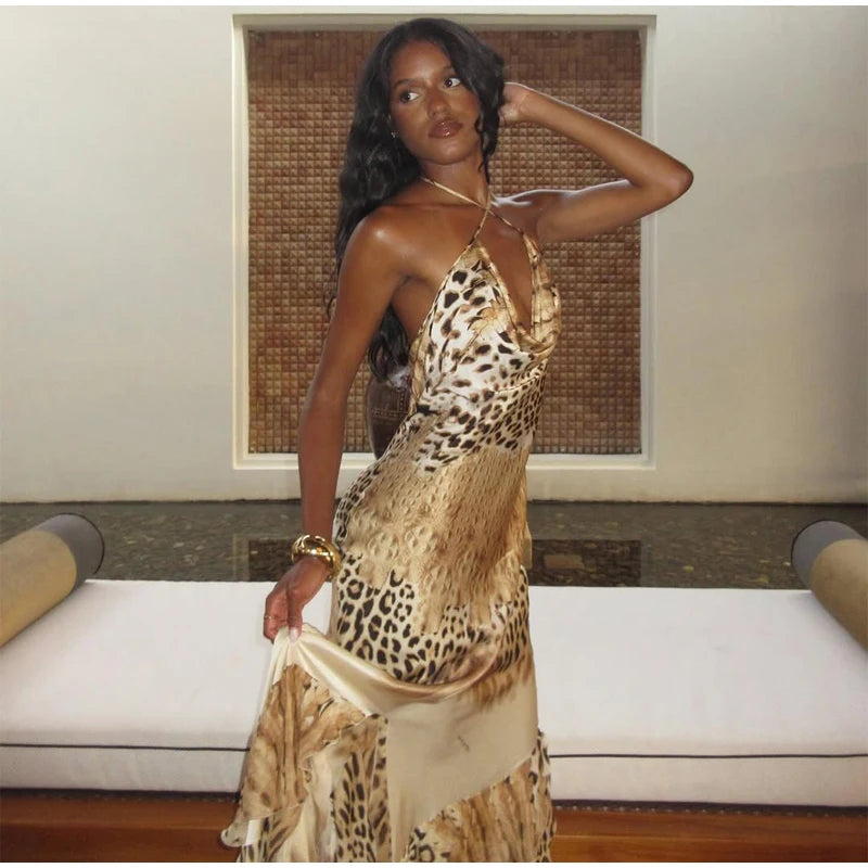 Women's Leopard Print Long Maxi Dress Halter Neck Plunge Front Tiered Ruffle Mermaid Skirt Elegant Party Cocktail Daily Gowns