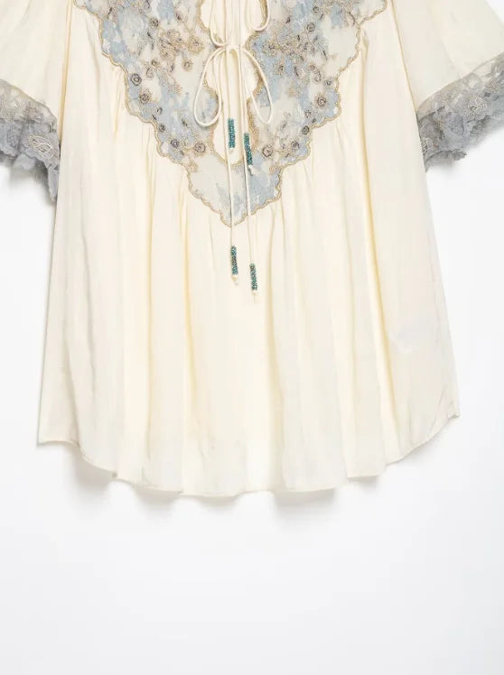 Floral Stamp Lace Patchwork Blouse Ruffle Neck Tie Front Puff Short Sleeve Loose Boho Shirt Women's Casual Vacation Top 2026 New