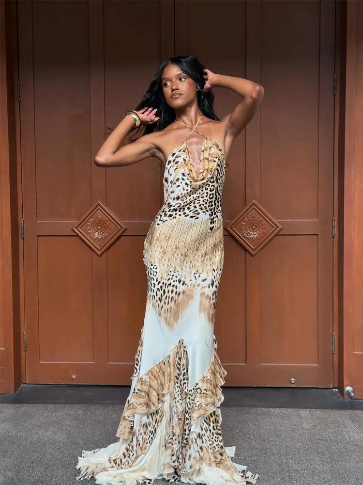Women's Leopard Print Long Maxi Dress Halter Neck Plunge Front Tiered Ruffle Mermaid Skirt Elegant Party Cocktail Daily Gowns