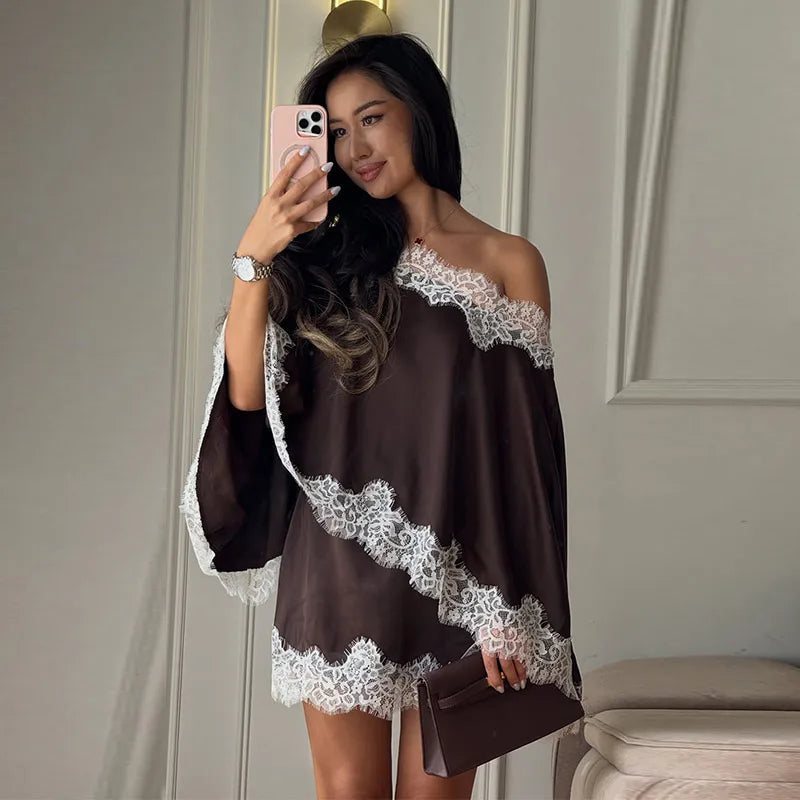 Elegant Lace Patchwork Women's Shirt Skirts Suit Long Sleeve  Off Shoulder Loose Lady Set 2026 Summer Autumn Chic Female Outfits